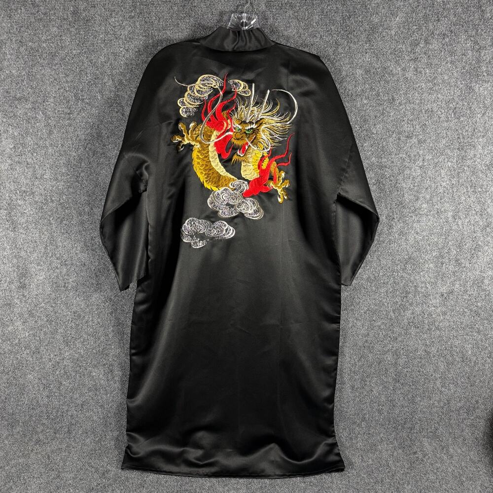 Vintage Japanese Dragon Embroidered Satin Kimono Robe Black Made in Japan One SZ